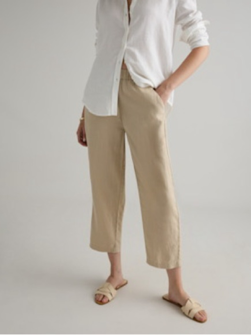 Beige Wide-Leg Cropped Pants